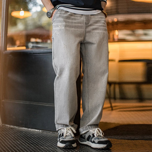 Vintage Heavyweight Washed Gray Jeans Distressed Straight Leg Carpenter Pants Elastic Waist Casual Ripped Denim Trousers